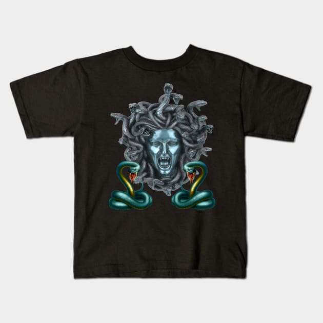 Blue Snake Medusa Gorgon Kids T-Shirt by Atteestude